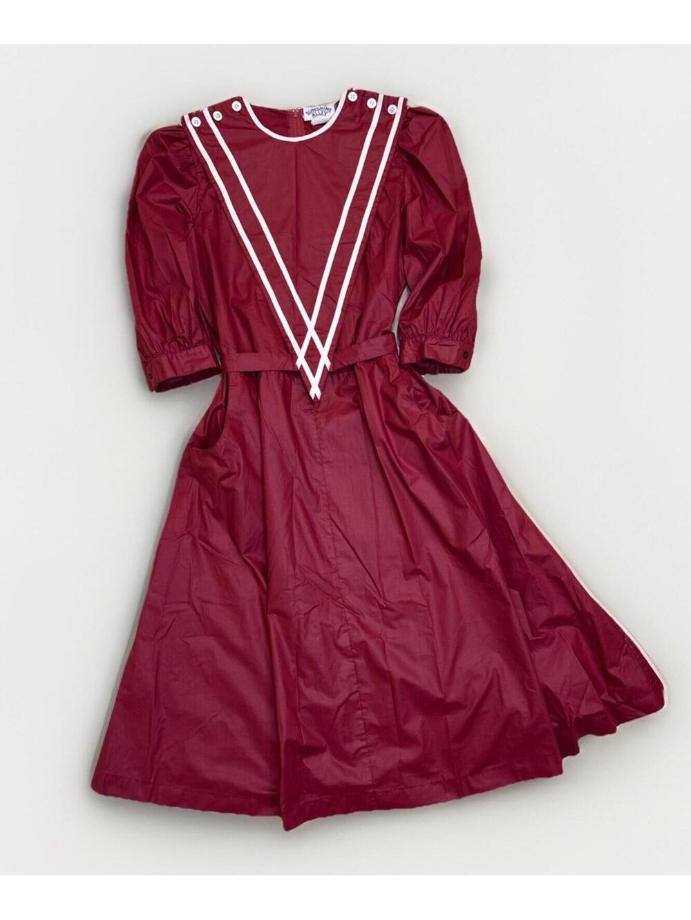 Sunshine Alley 1980s Burgundy Sailor-Trim Puff Sleeve Midi D